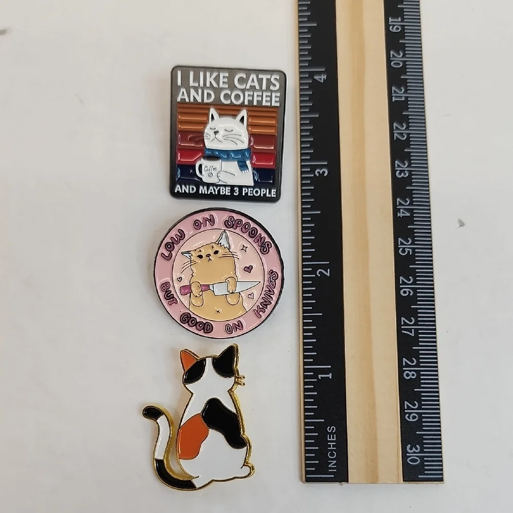 Low On Spoons Cat Enamel Pin Set Coffee Cats Cute Calico Retro Pins
